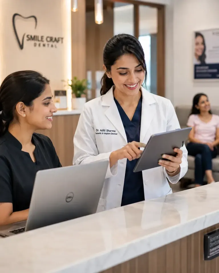 Dentist discussing with receptionist at a normal dental clinic counter