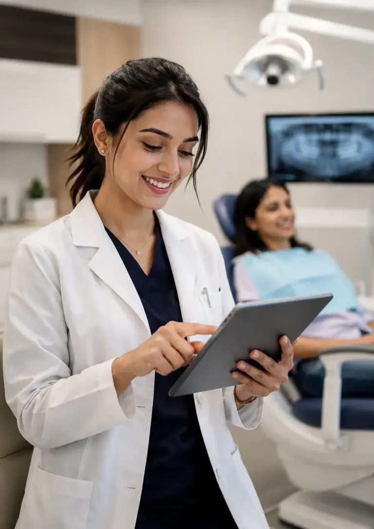 Dentist holding iPad managing clinic using Dentiva