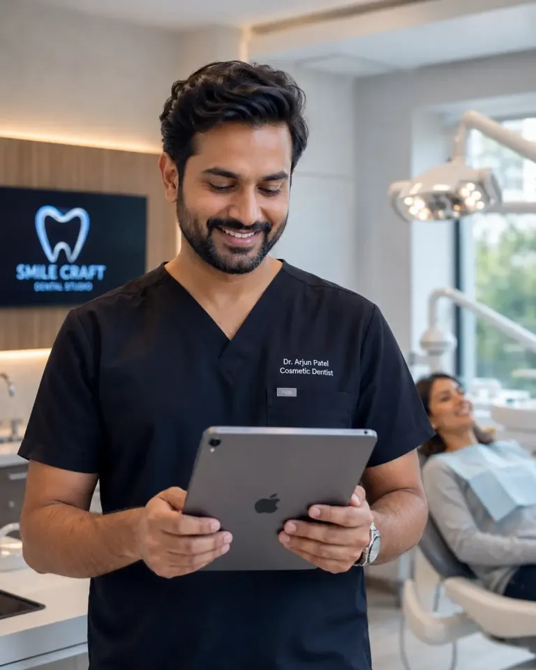 Indian dentist reviewing dental practice growth analytics on iPad using Dentiva dashboard