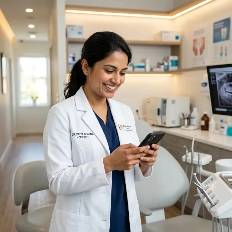 Happy Indian dentist managing patient Google reviews using Dentiva WhatsApp automation software