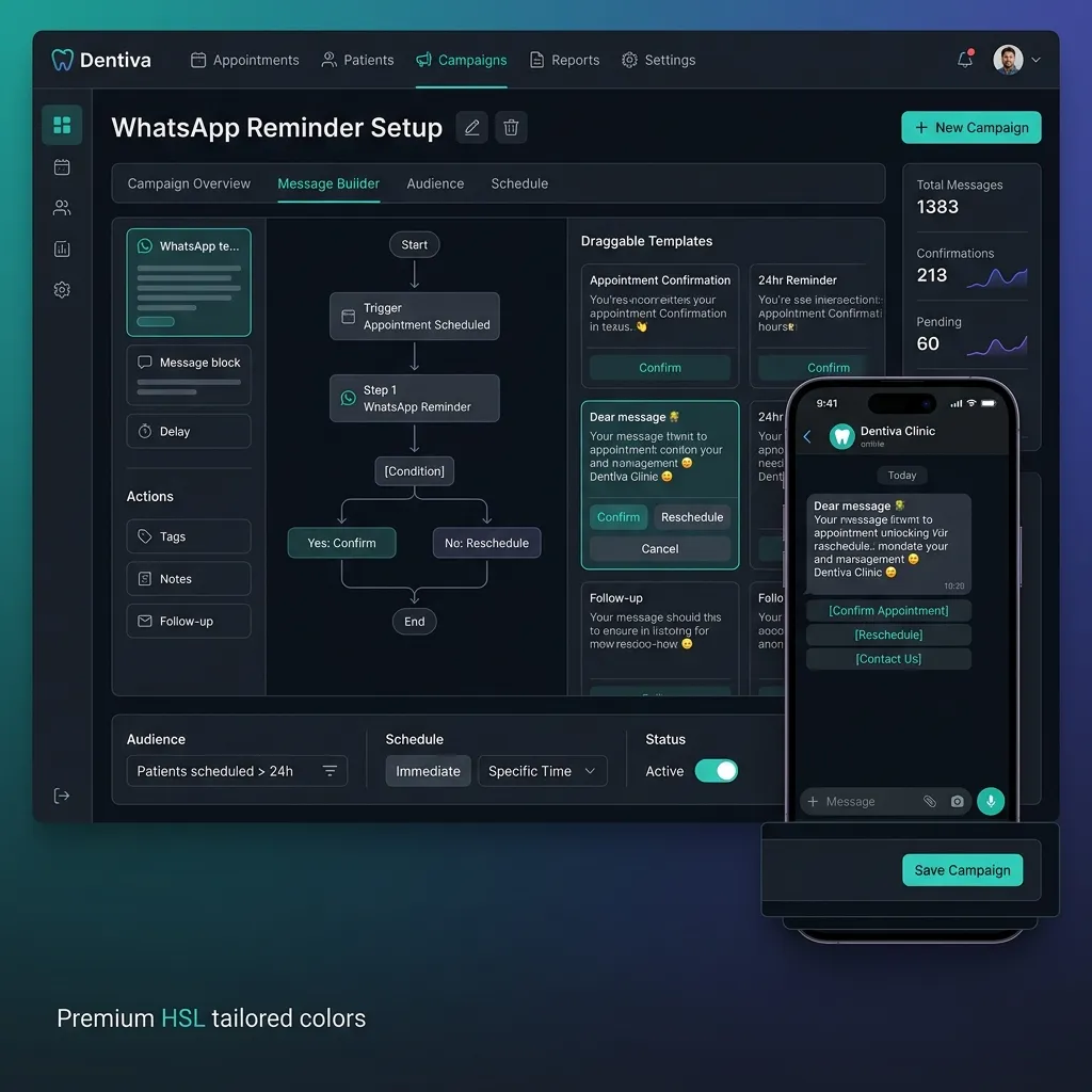 Screenshot: Dentiva WhatsApp reminder setup screen