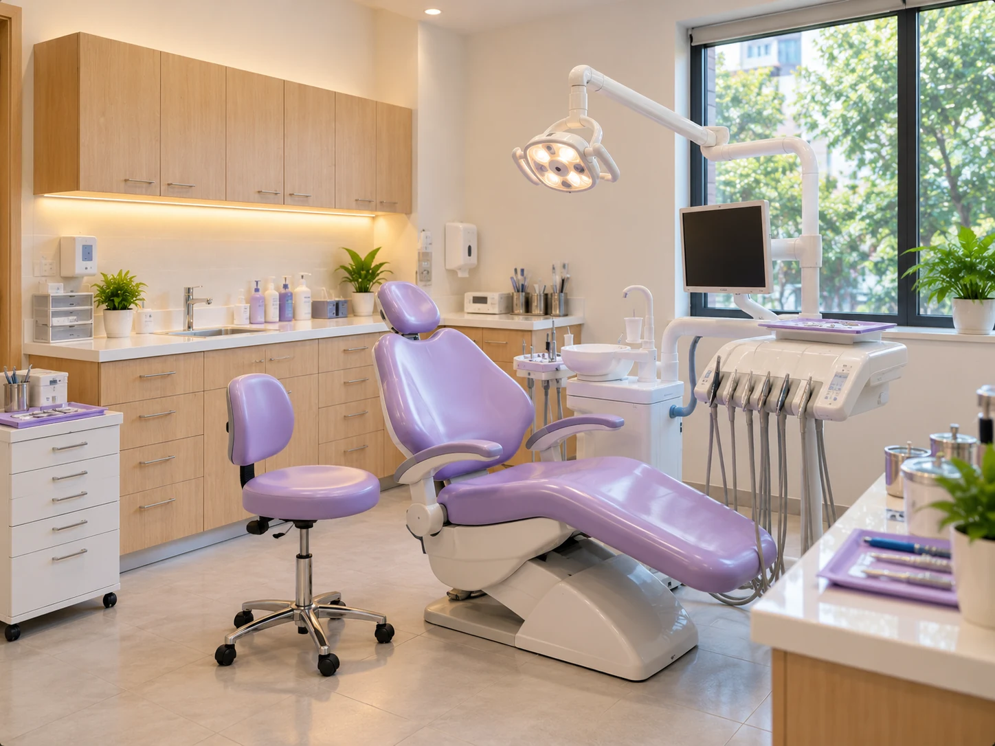 Lavender dental treatment chair, instrument unit and cabinetry in a bright clinic