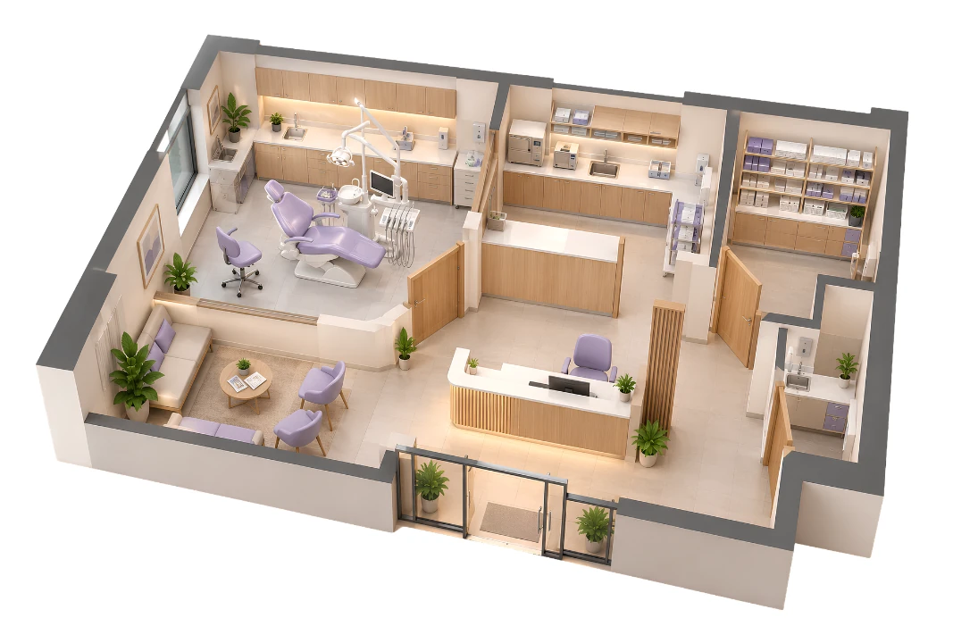 Conceptual dental clinic layout with reception, waiting, treatment, instrument-processing and storage areas