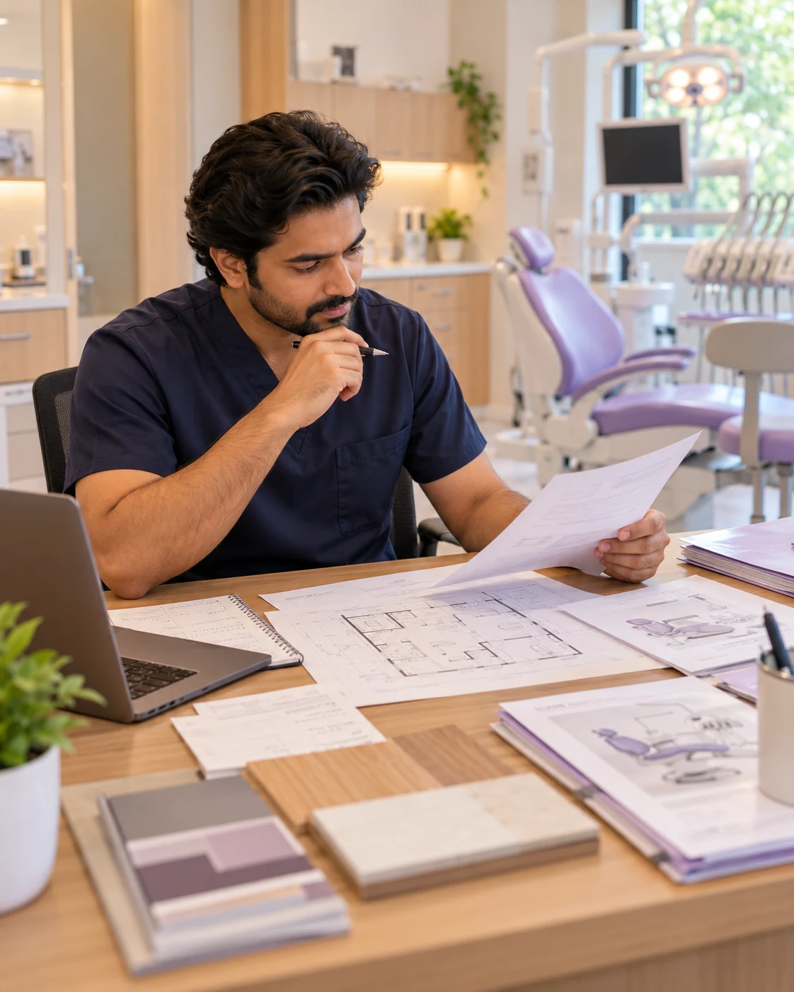 Dentist reviewing clinic plans and supplier quotations at a desk