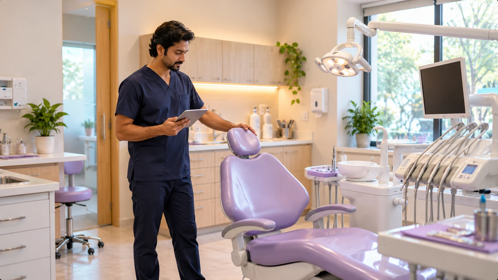 Dentist checking a tablet beside a lavender treatment chair in a new dental clinic