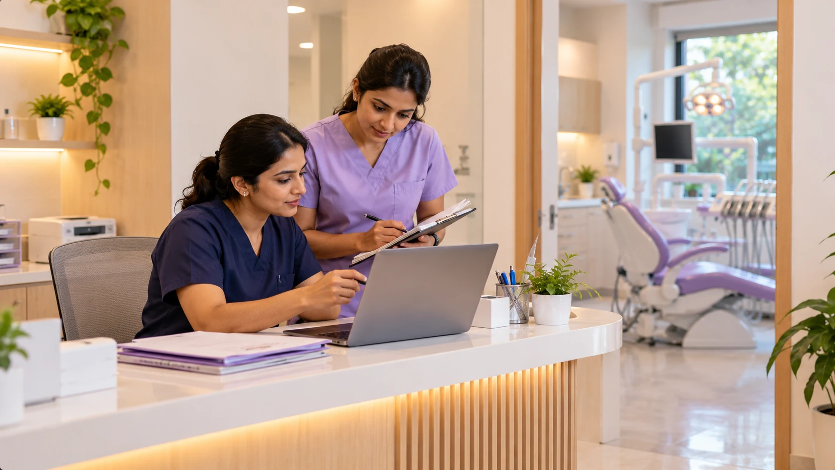 Dentist and assistant reviewing a laptop and clipboard at the clinic reception