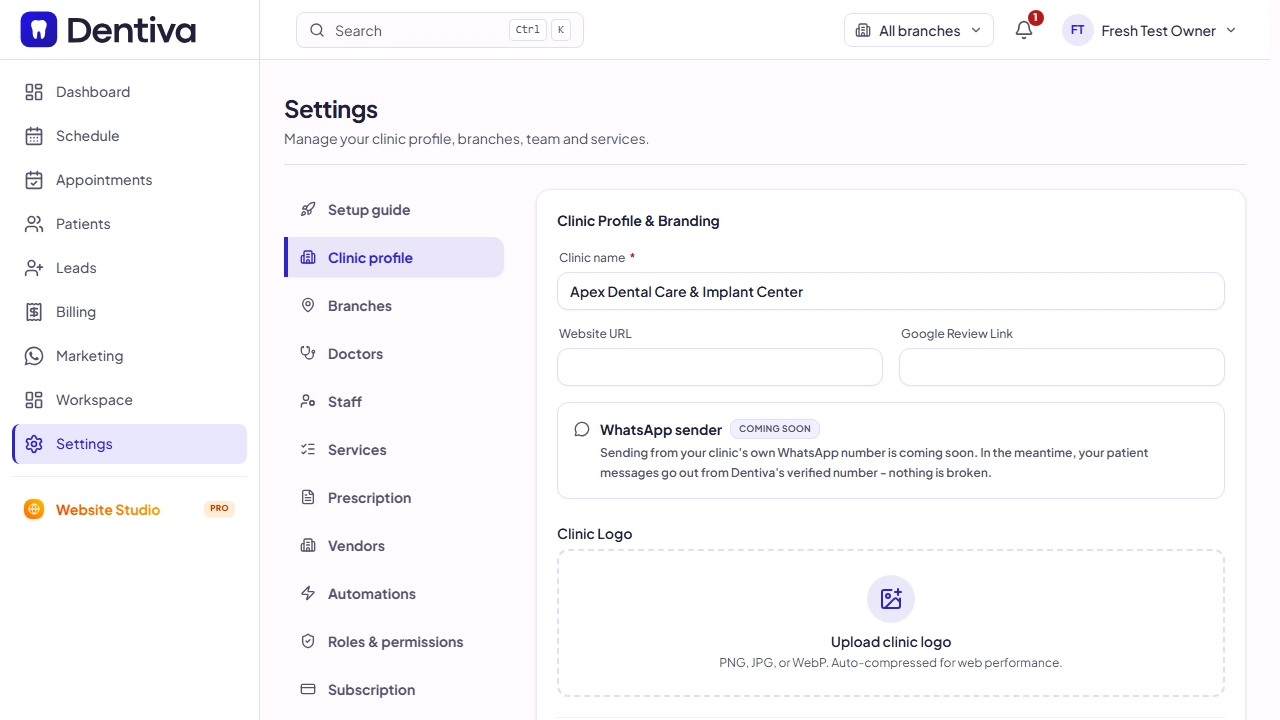 Settings > Clinic profile Tab