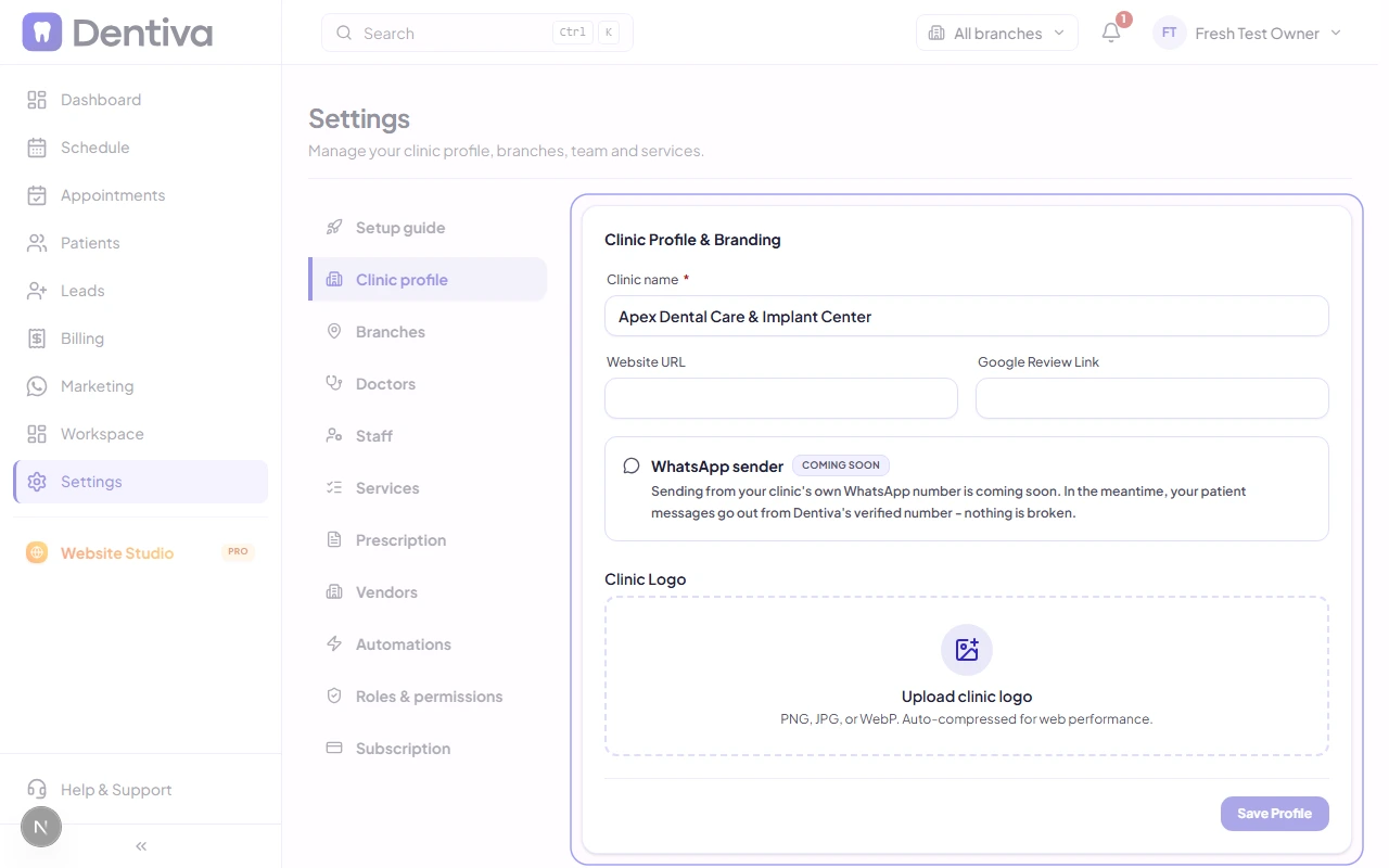 Clinic Profile Form and Save Profile Button