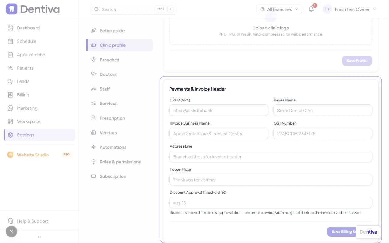 Payments & Invoice Header Section with UPI ID and Save Billing Settings
