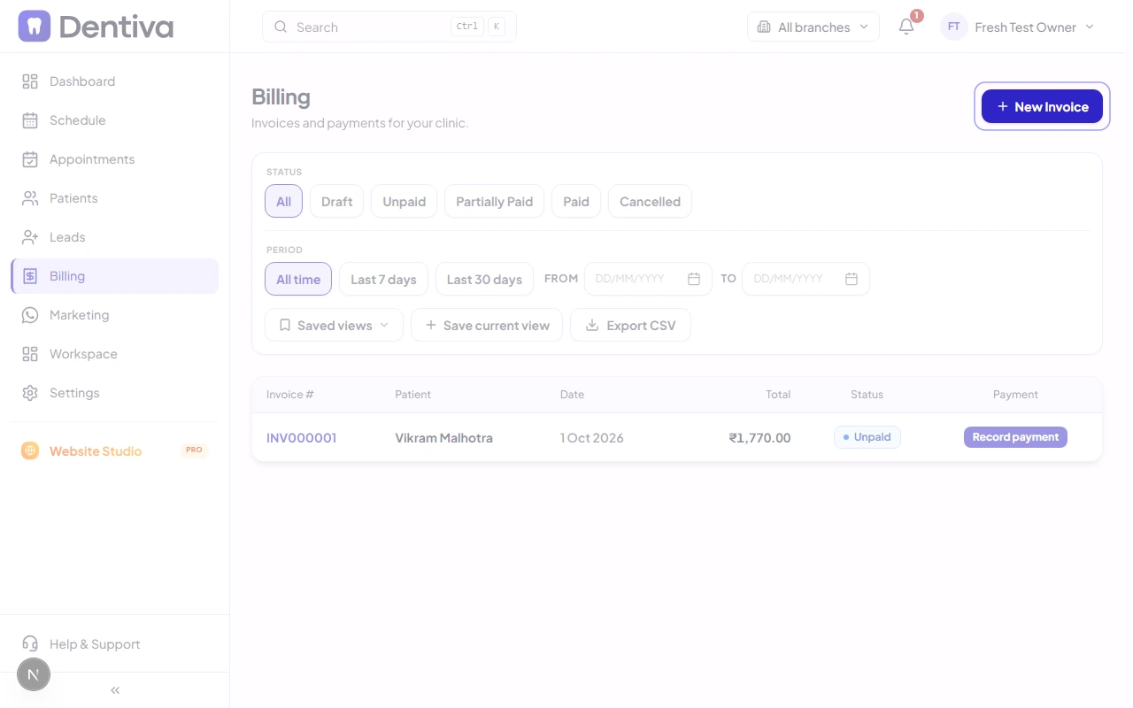 Billing Dashboard with Create Invoice Button