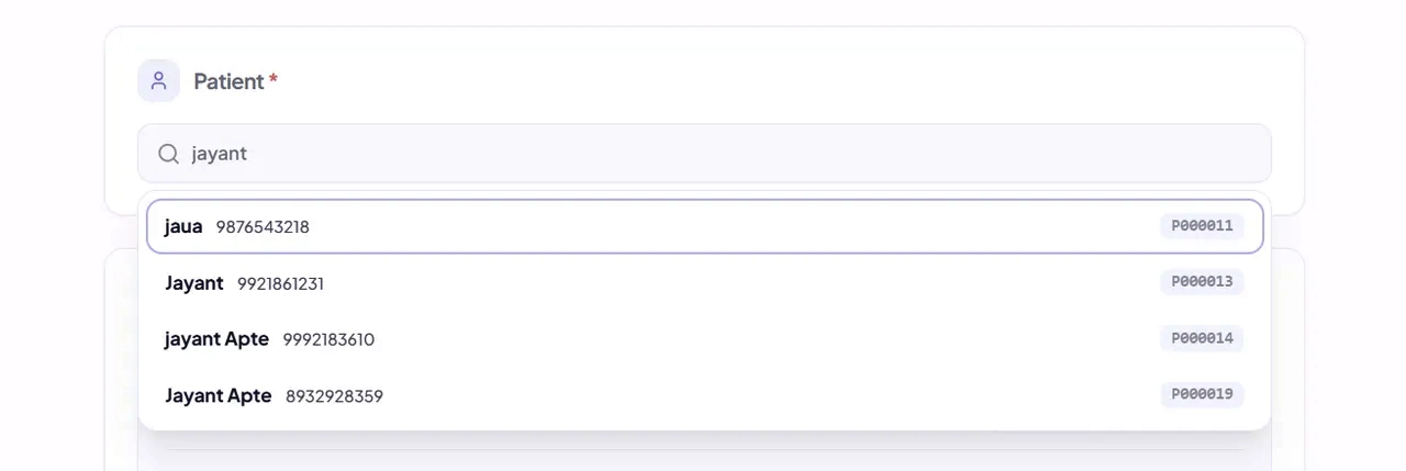 Invoice Creation Form with Patient Selection and Add Item Row