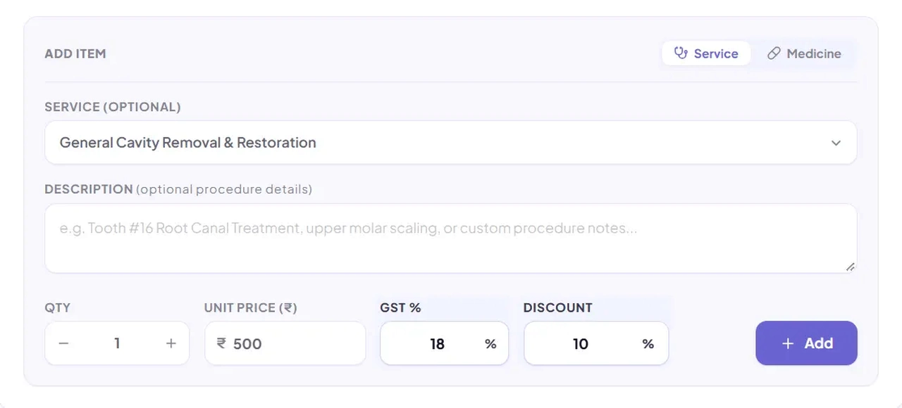 Line Item Details with Service Selection, GST Rate, and Discount