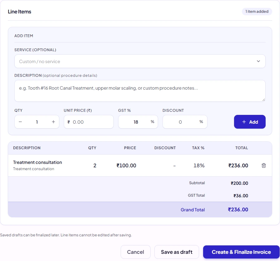Invoice Summary with Save as Draft and Confirmed Finalization Actions