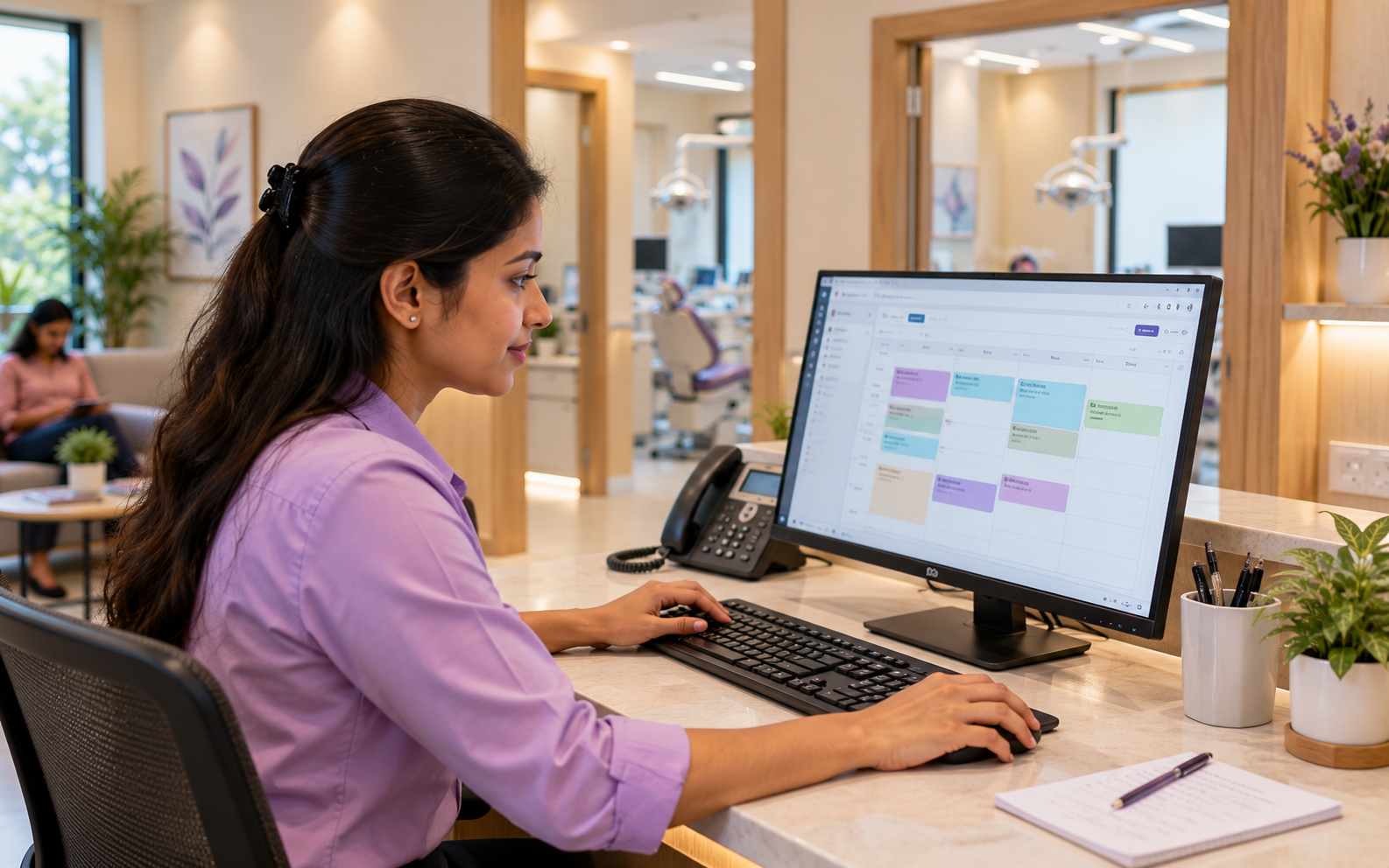 Receptionist using the appointment calendar at the dental clinic front desk.