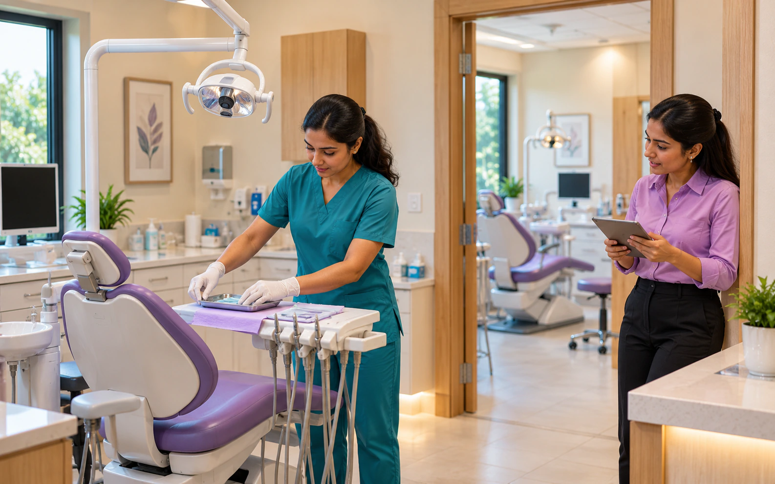 Dental team member preparing a chair while the receptionist coordinates care from the doorway.