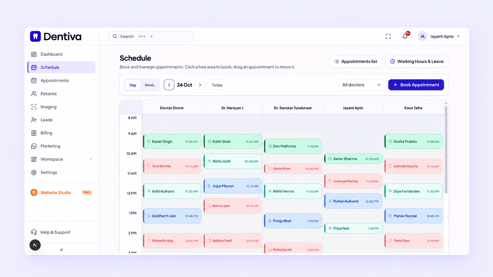 Dentiva schedule displaying appointments across several doctors, with different visit statuses.