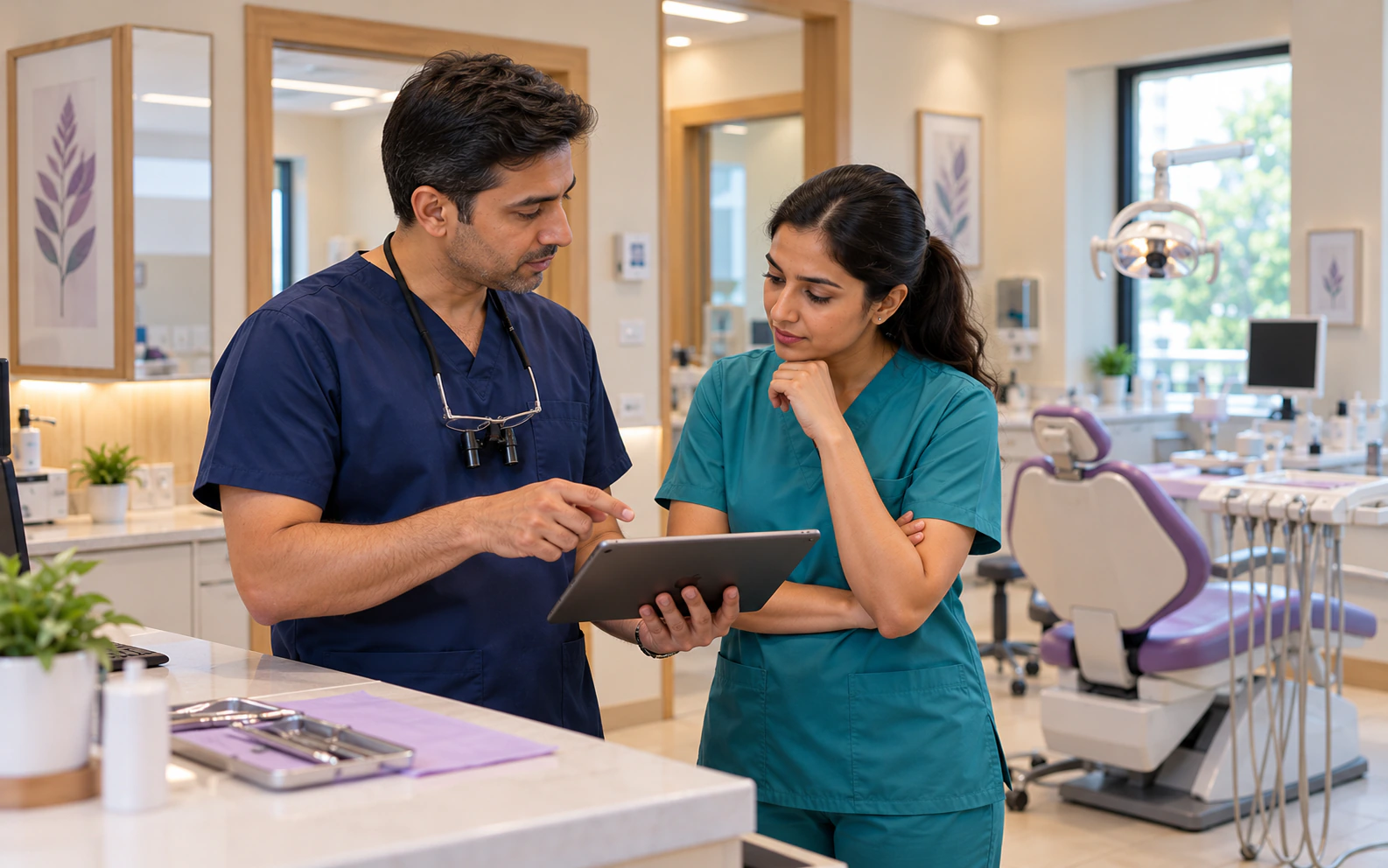 Owner and associate dentist reviewing patient context together on a tablet.