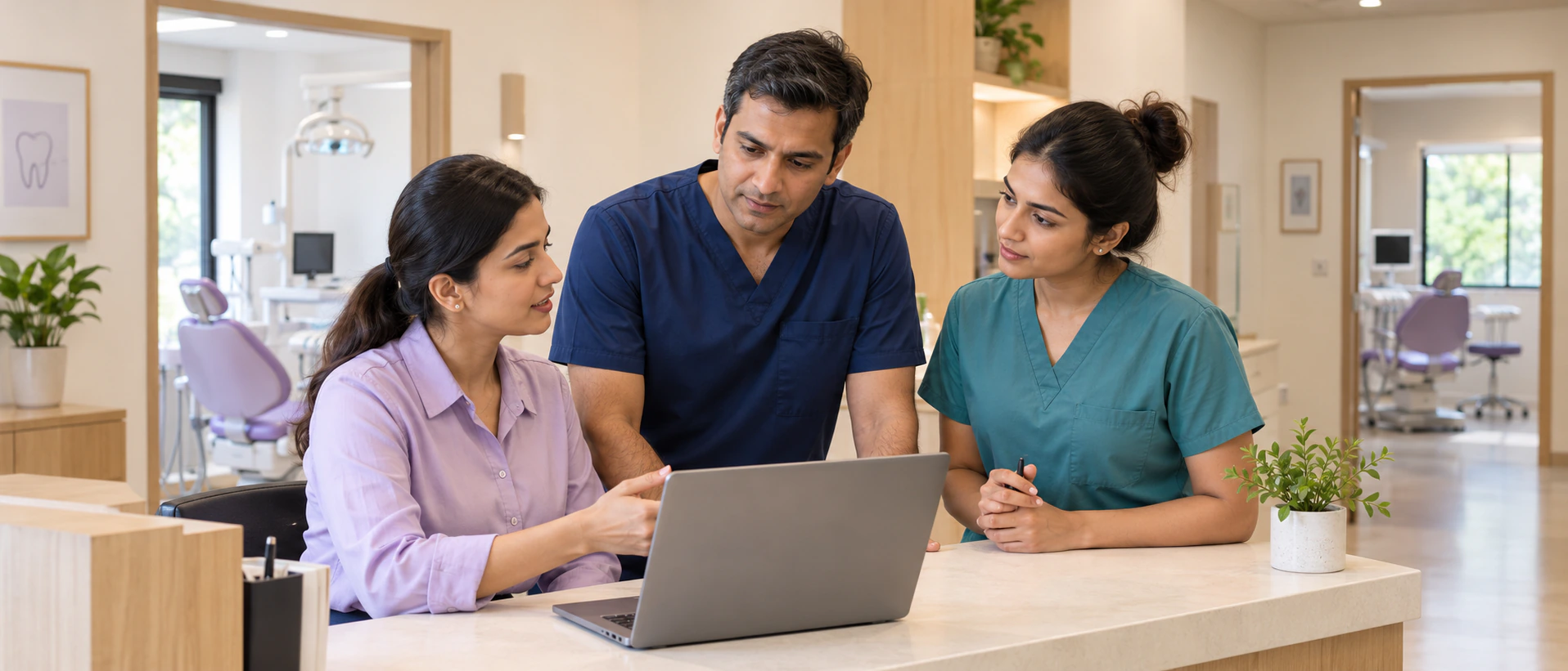 Clinic owner, associate dentist and receptionist reviewing the day together at a dental clinic in India.