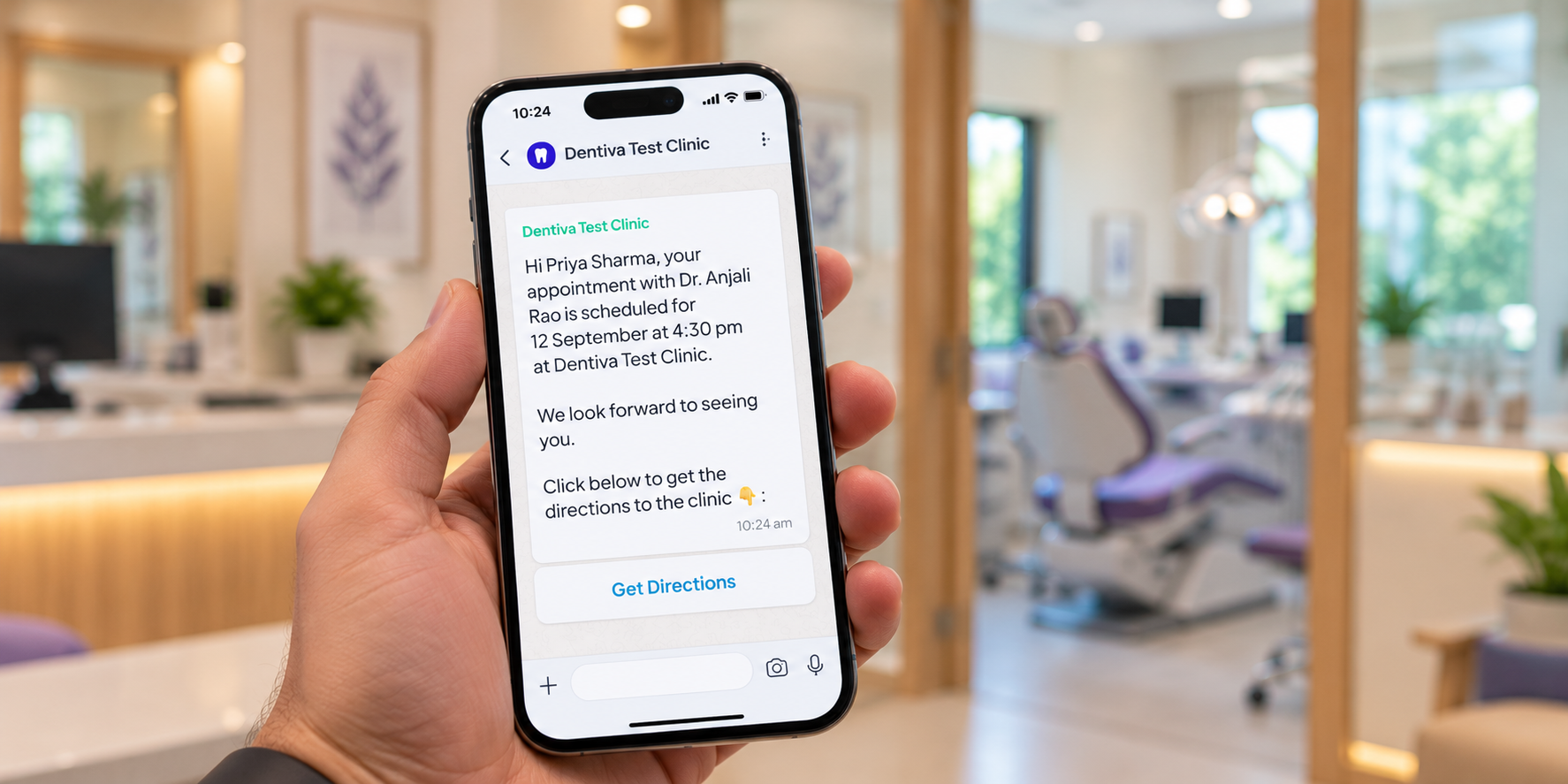 Phone displaying a Dentiva WhatsApp appointment message with visit details and clinic directions.