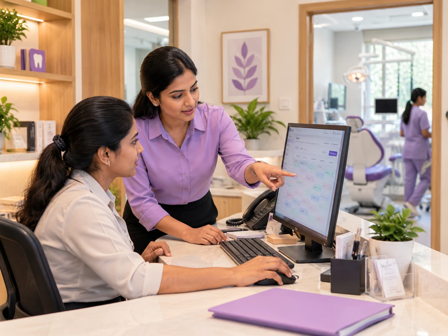 Branch manager and receptionist reviewing the dental clinic appointment calendar together.
