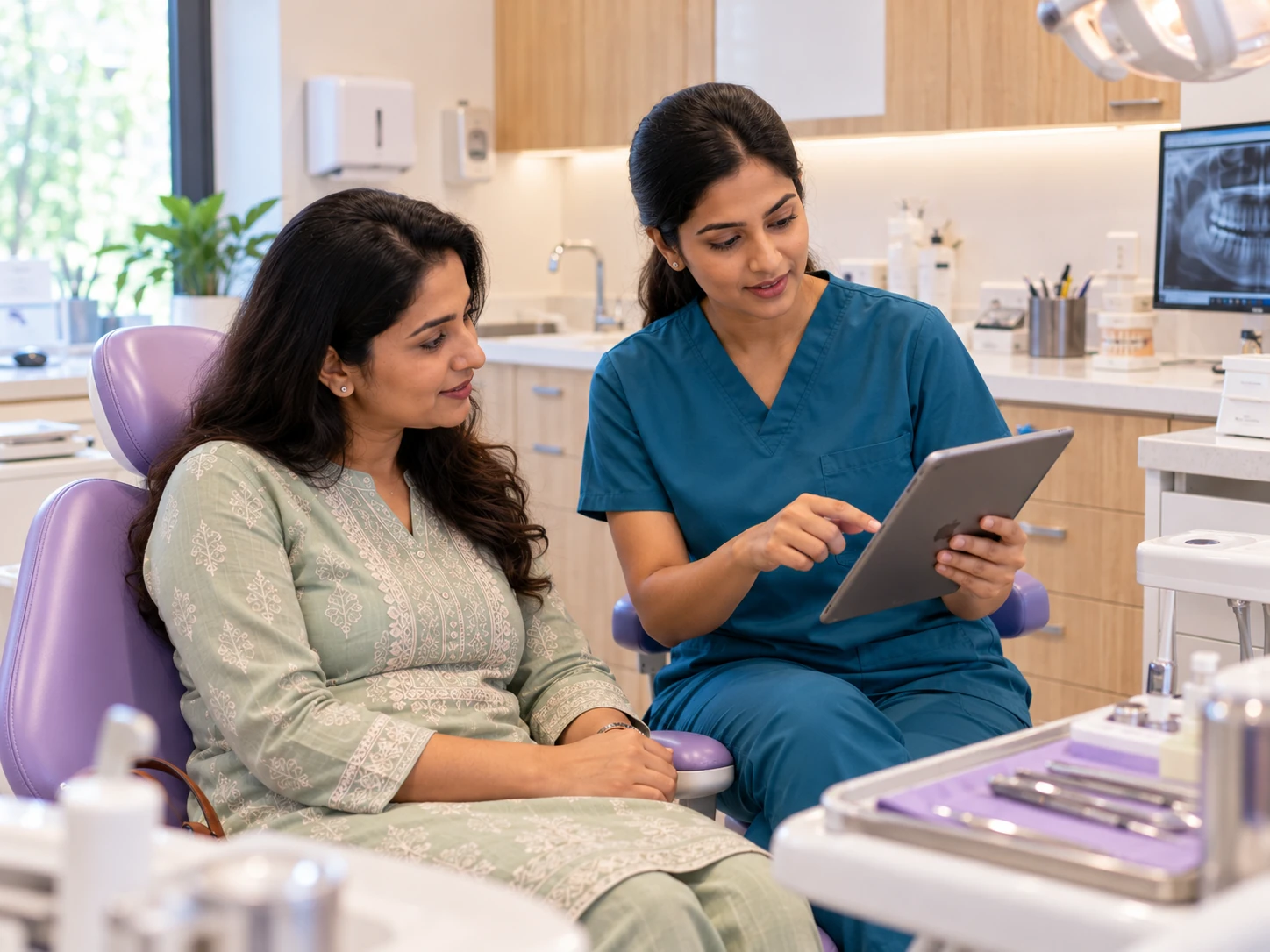 Dentist and patient reviewing a tablet together beside the dental chair.