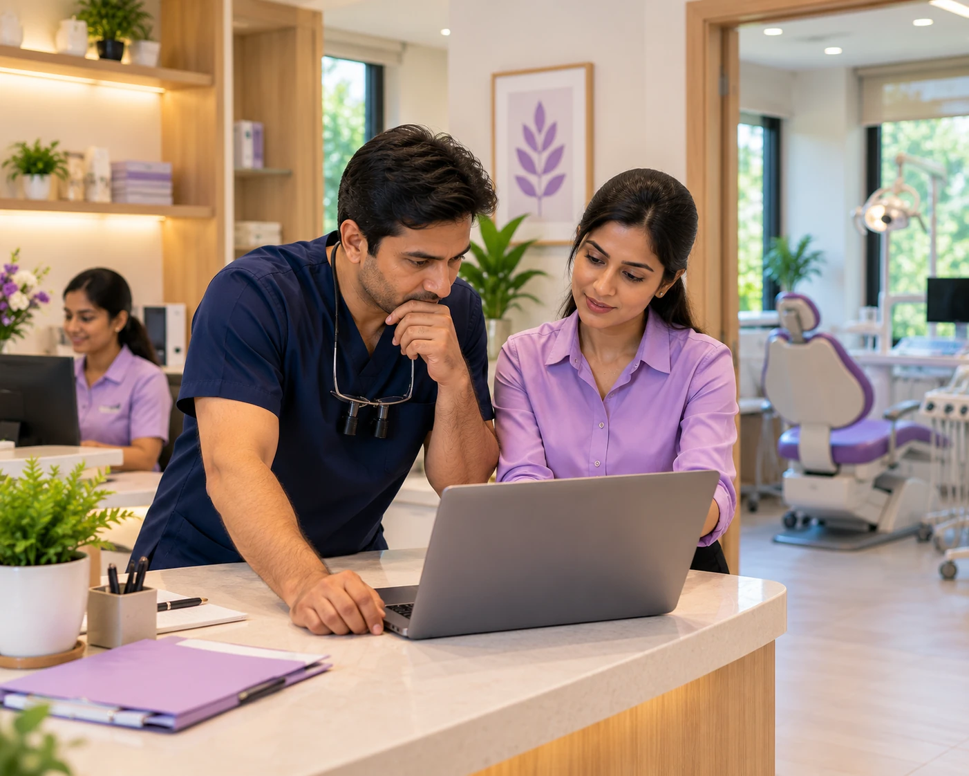 Dental group owner and branch manager reviewing a laptop at a working dental clinic reception in India.