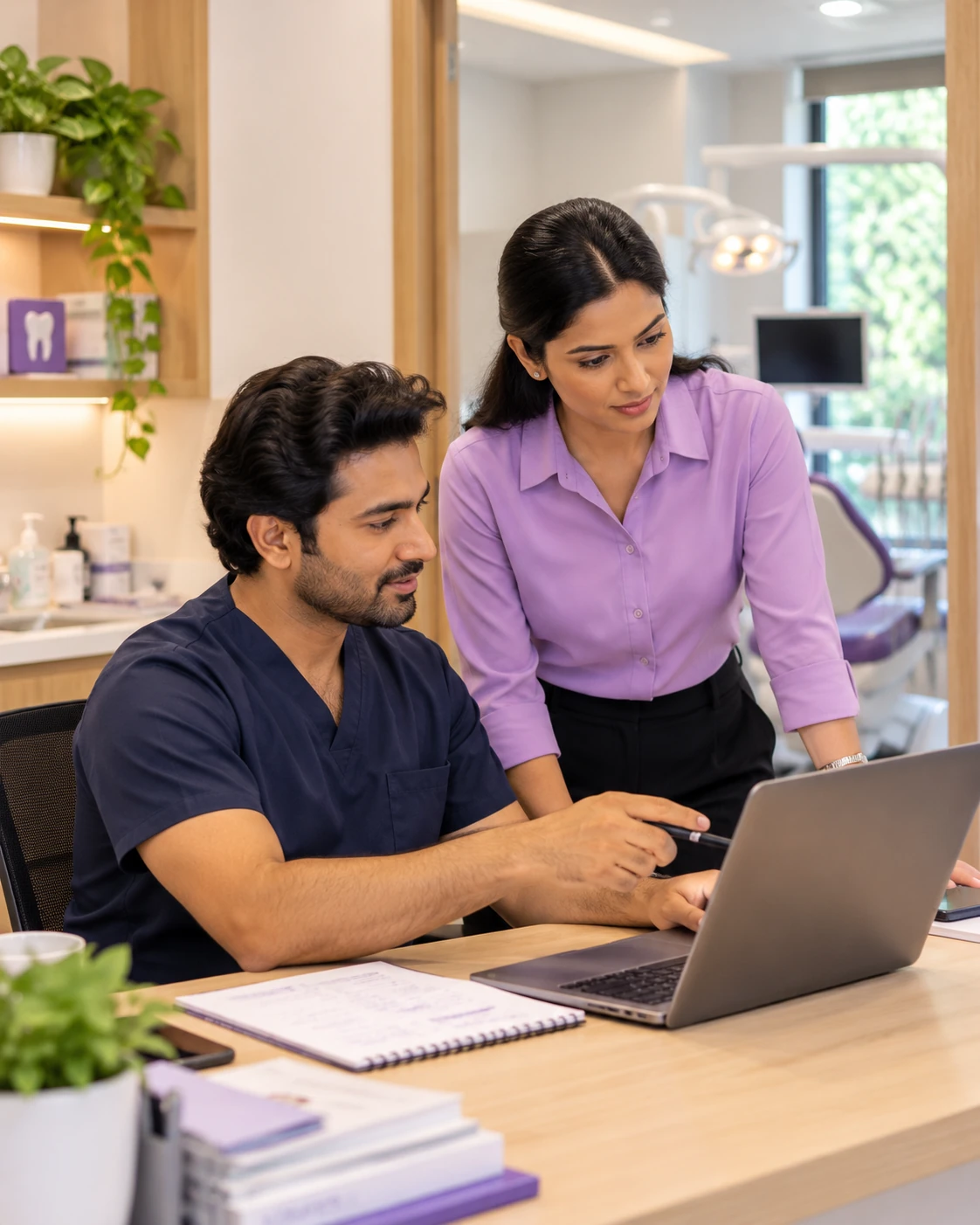Dental group owner and branch manager planning clinic setup together at a laptop.