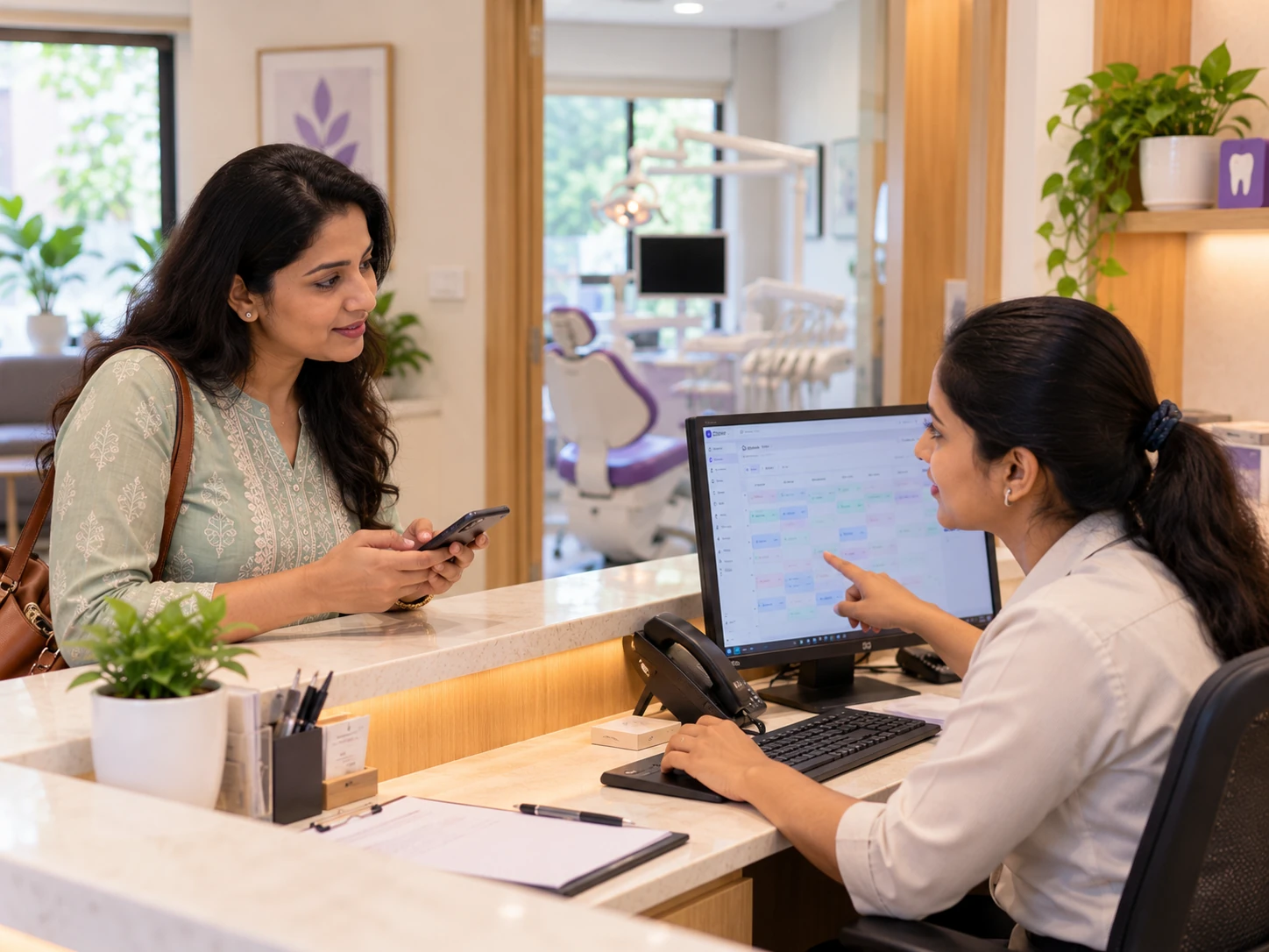 Receptionist confirming an appointment with a patient at the dental clinic front desk.