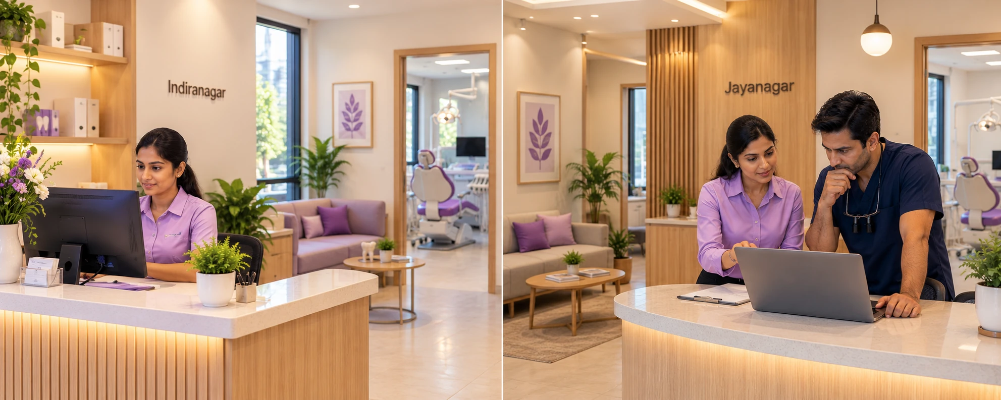 Indiranagar and Jayanagar dental clinic receptions shown side by side, with each local team at work.