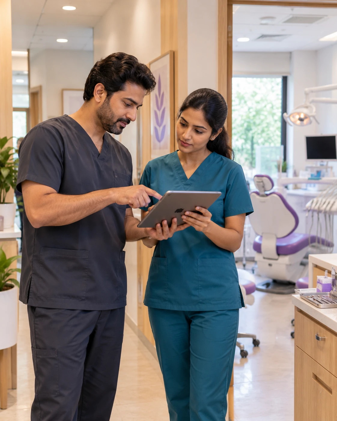 Visiting specialist and associate dentist reviewing a tablet beside a dental treatment room.