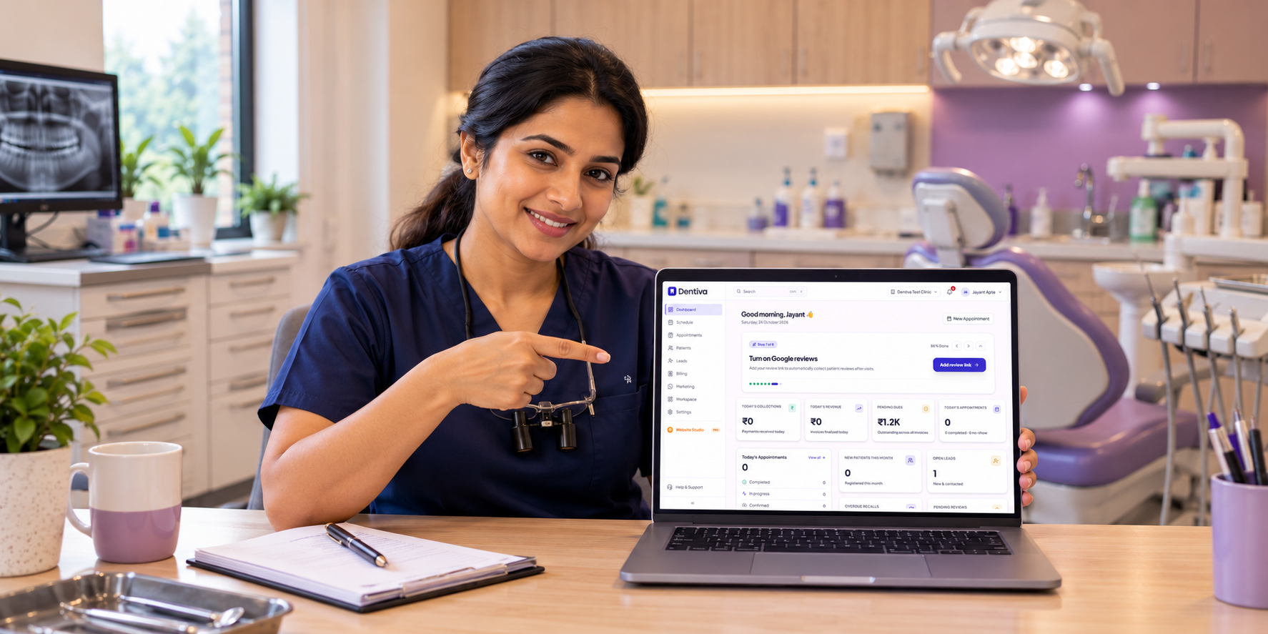 Solo dentist pointing to the Dentiva dashboard on her laptop in a single-chair dental clinic.