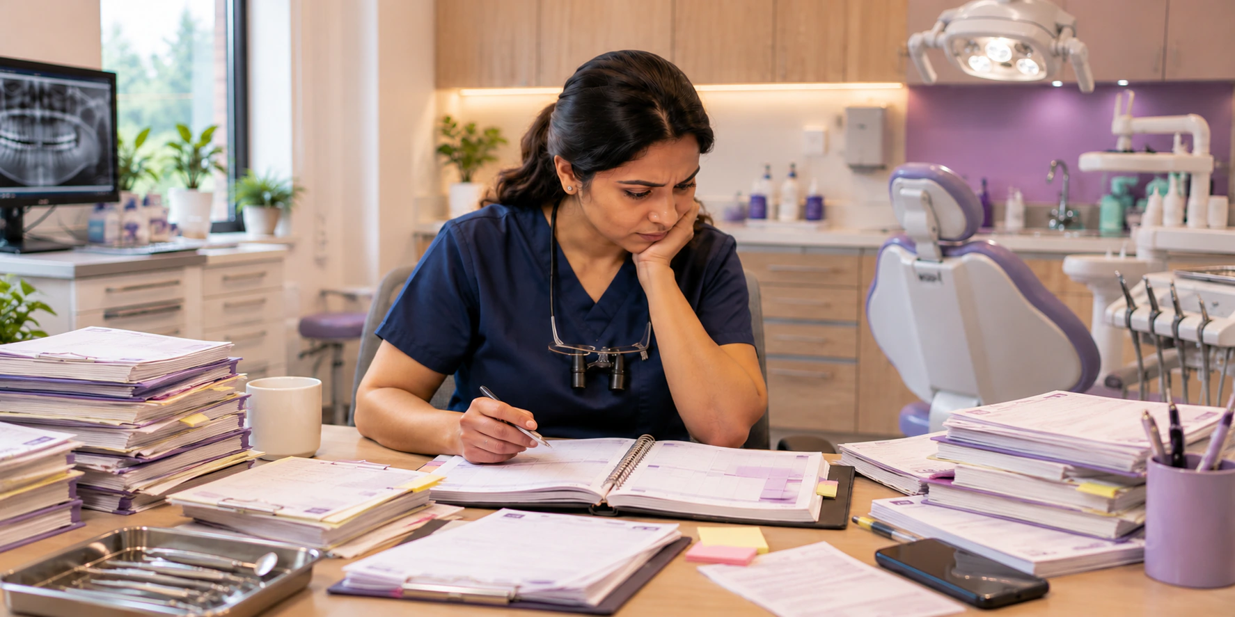 Solo dentist reviewing a paper appointment diary surrounded by patient files at her clinic desk.