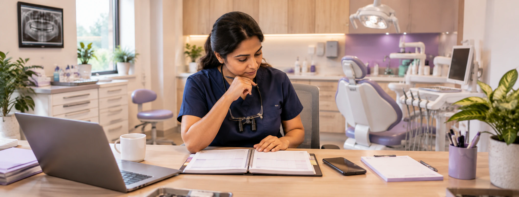 Dentist reviewing an appointment diary at her clinic desk beside a laptop and phone.