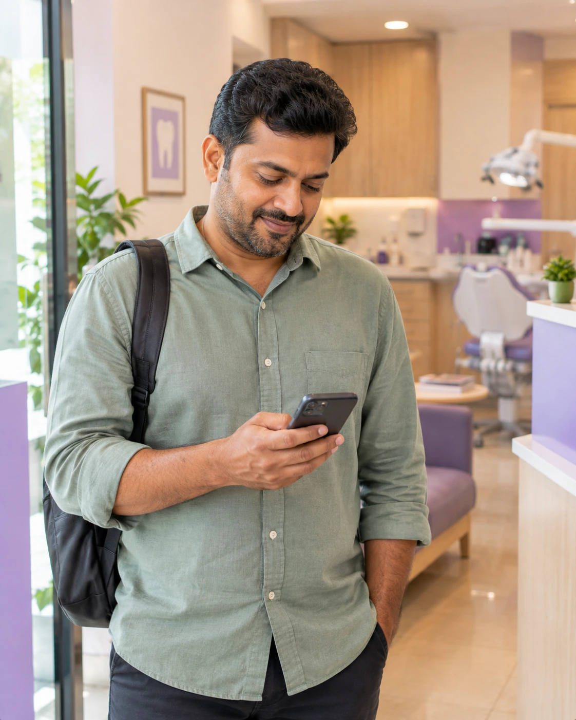 Patient checking his phone as he arrives at a single-chair dental clinic.