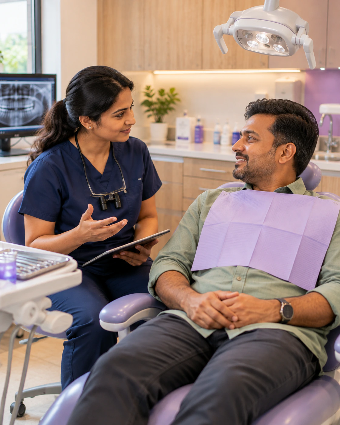 Dentist discussing a consultation with a patient seated in the dental chair.
