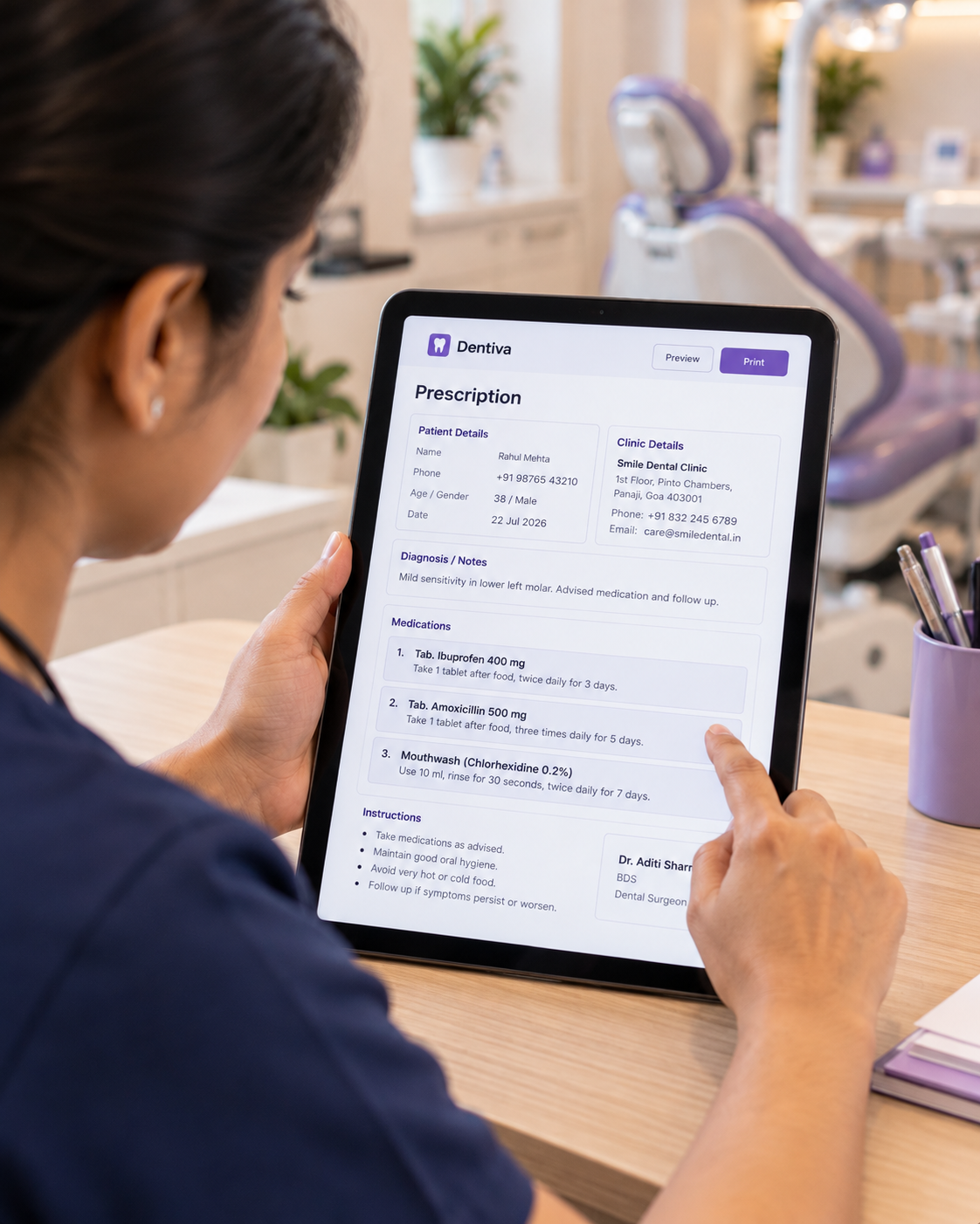 Dentist reviewing a Dentiva digital prescription on a tablet at the clinic.