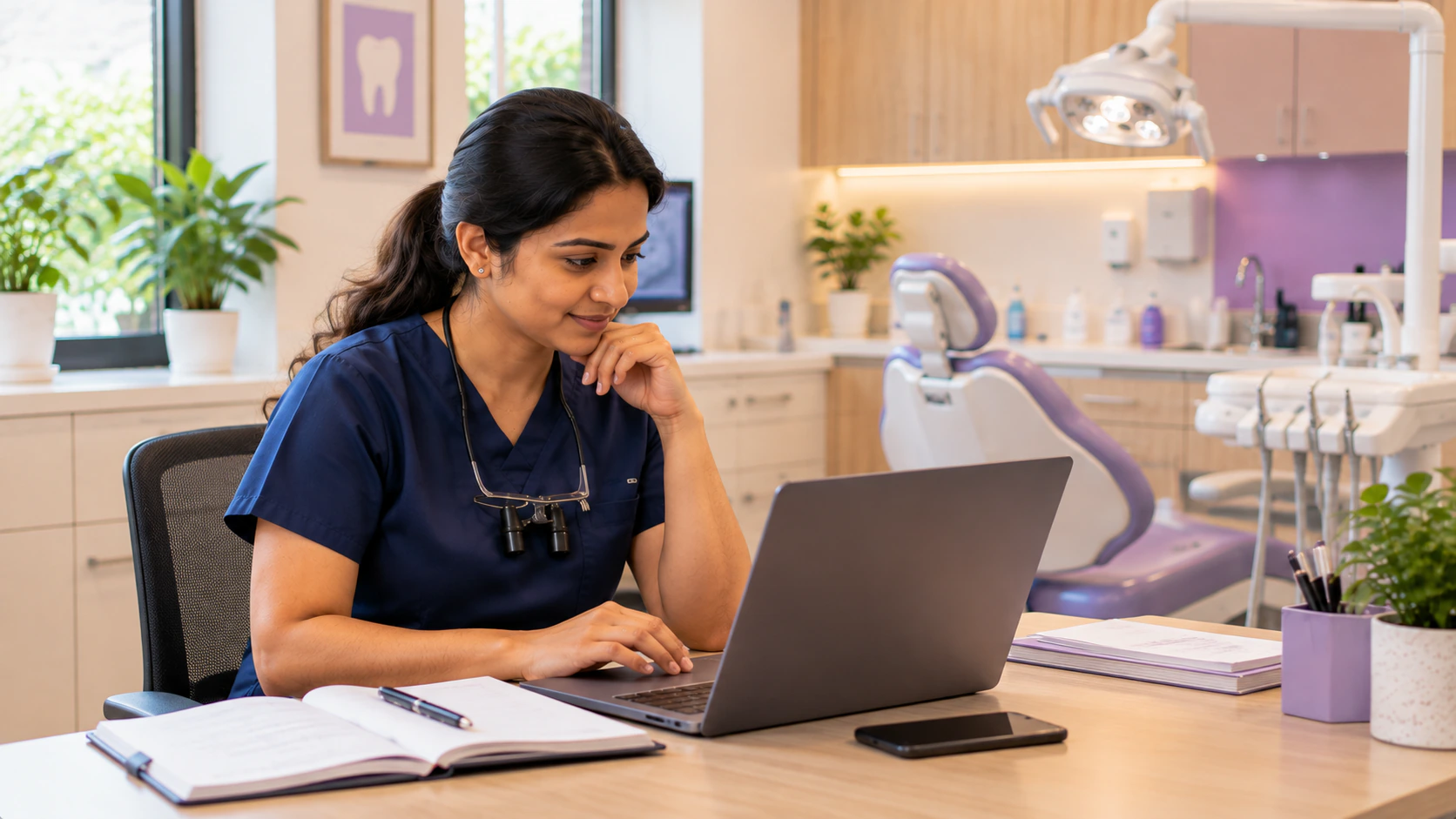 Solo dentist working on a laptop with her single dental chair visible behind her.