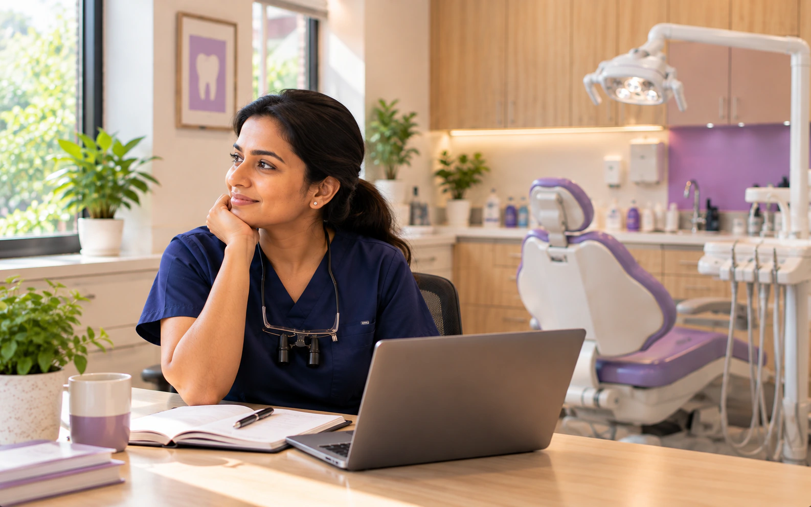 Dentist taking a quiet break beside her laptop in a sunlit single-chair clinic.